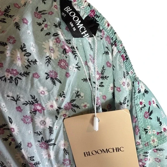 NWT BloomChic Floral Tiered Midi Dress Light Blue Pink Square Neck Pockets US 12 - Picture 3 of 12